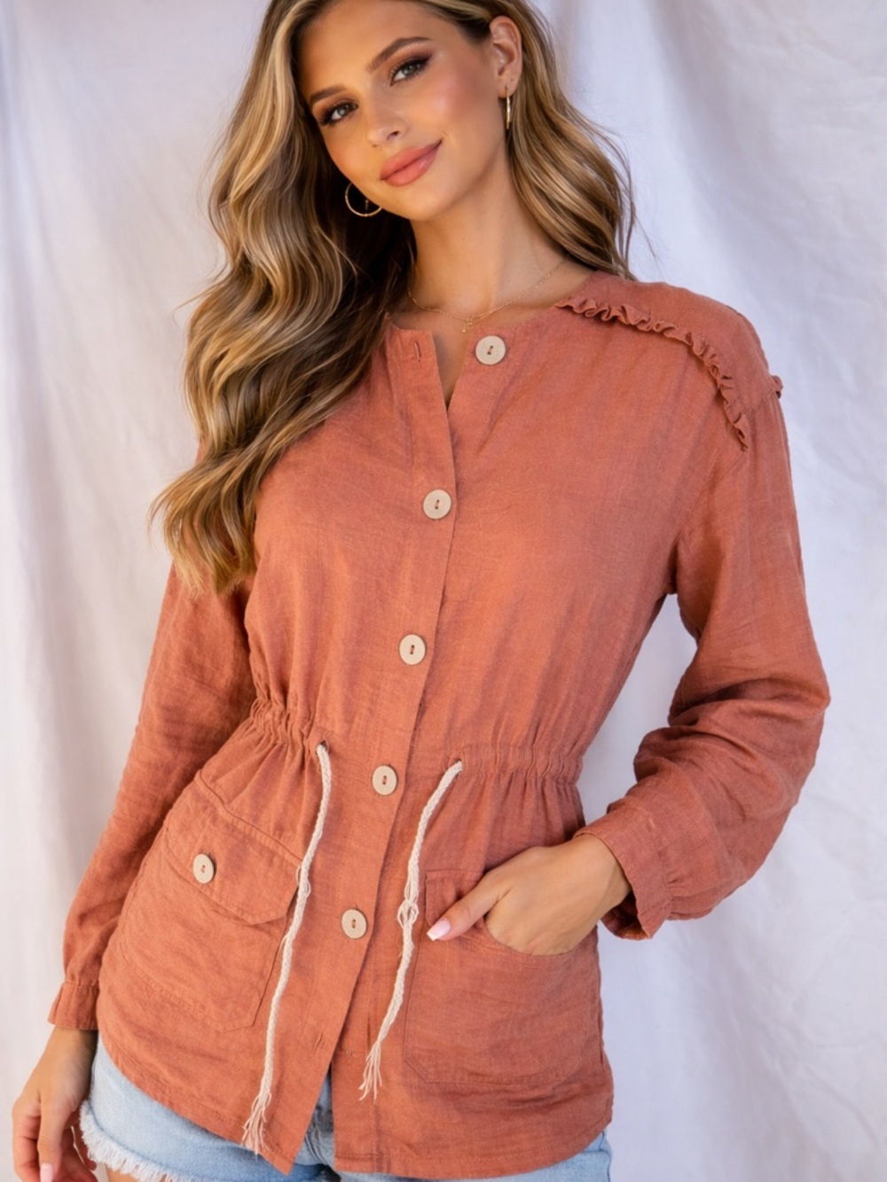 BRC Rust Utility Jacket | Drawstring Waist Safari Cargo Jacket. PTP 20